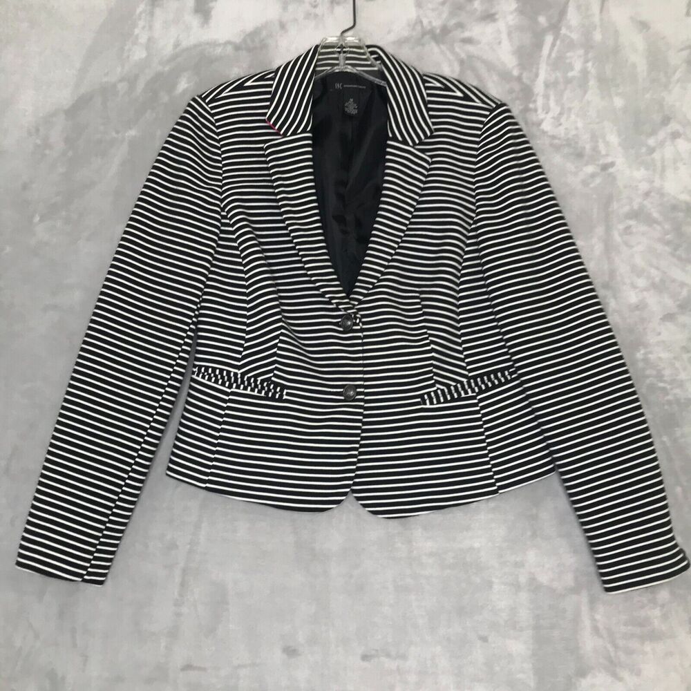 INC International Concepts Blazer Womens 10 Black White Stripe Knit Two Button